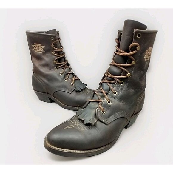 Abilene Leather Lace Up Western Packer Kiltie Granny Boots Women's 7.5 D Wide - Picture 1 of 16